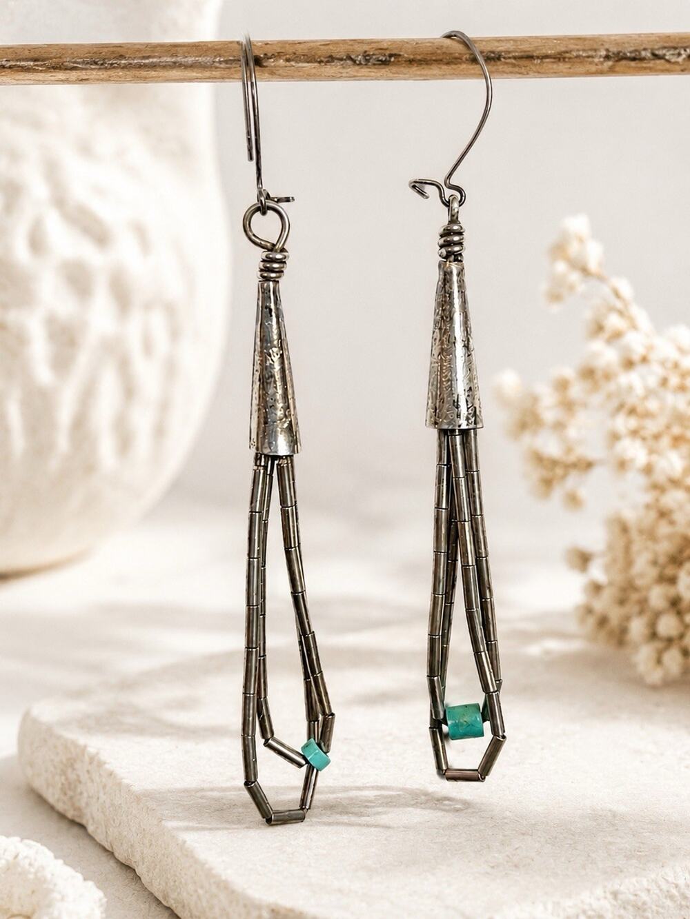 Vintage Navajo Liquid Sterling Silver Dangle Turquoise Heishi Tube Earrings 2.5”